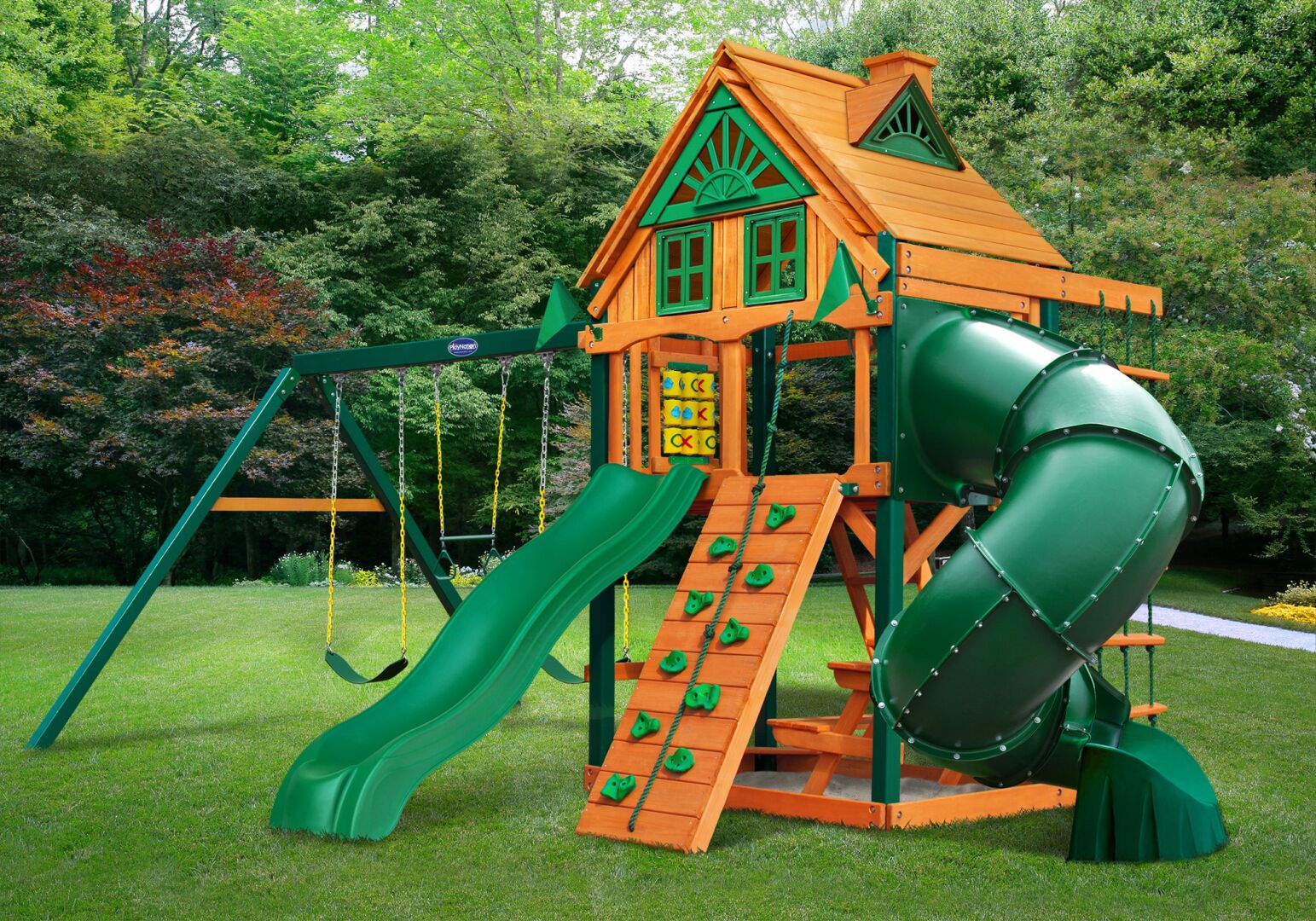 Horizon w/ Tube Slide & Treehouse Wood Roof w/ Fort AddOn Swing Set