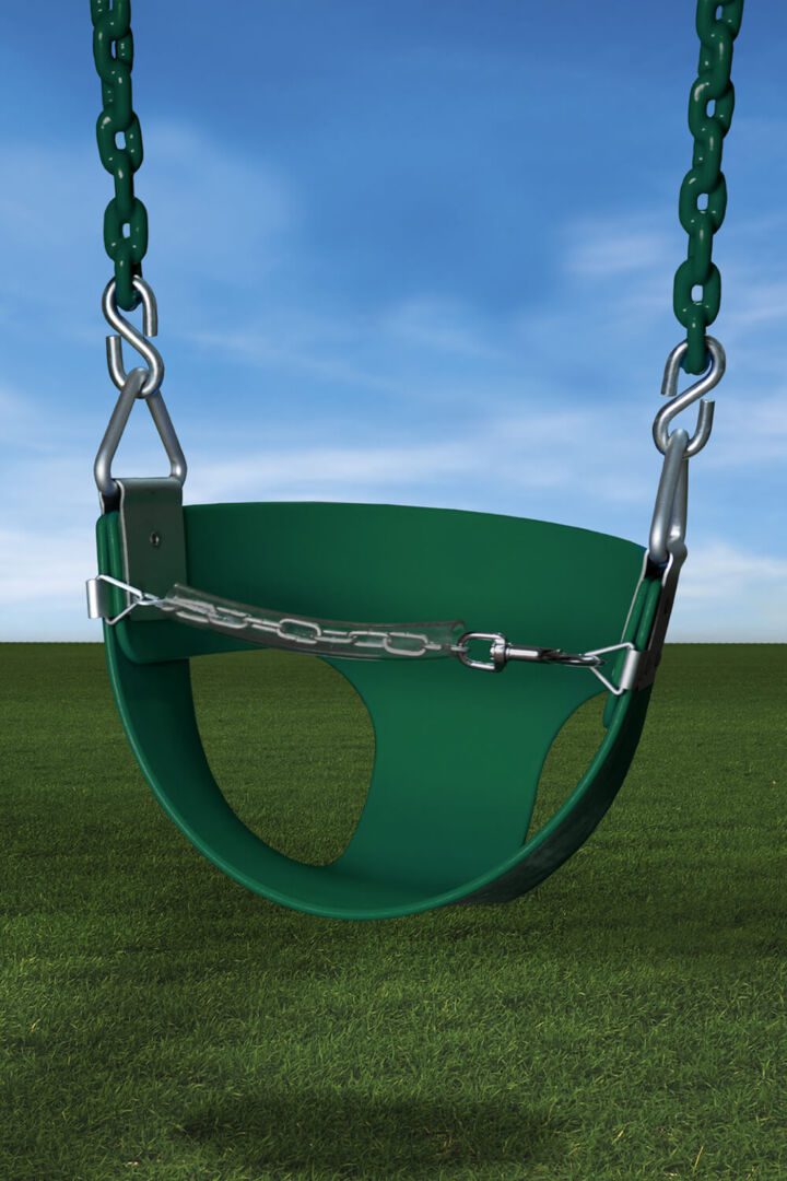 A green swing with a chain attached to it.