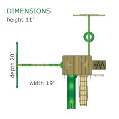 A diagram showing the dimensions of a Chateau w/ Tire Swing, Ramp Swing Set play structure.