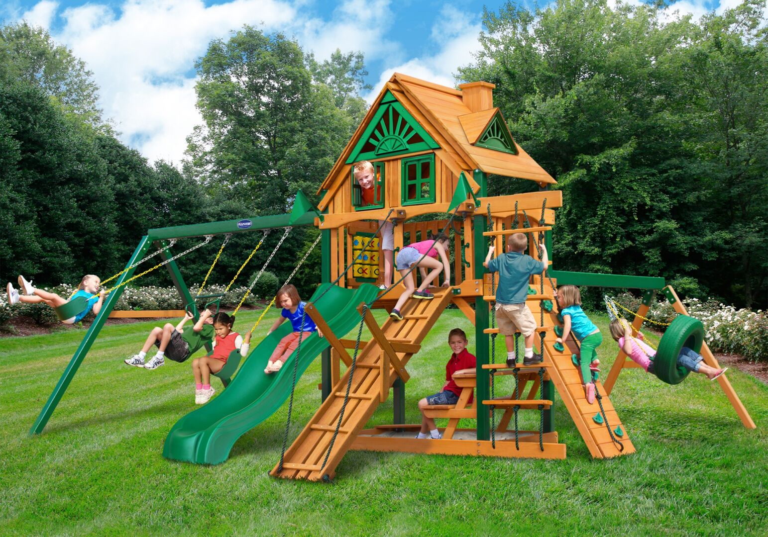 Horizon w/ Tire Swing, Ramp & Treehouse Roof w/ Fort Add-On Swing Set ...