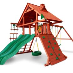 A SUN PALACE SWING SET with a slide and swings.