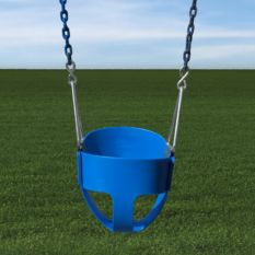 A Toddler Full Bucket Swing hanging on a chain in a grassy field.