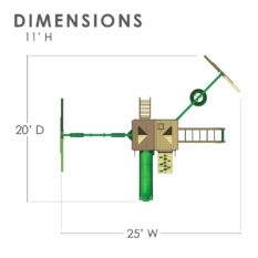 A diagram showing the dimensions of a Chateau w/ Monkey Bars, Tire Swing play structure.