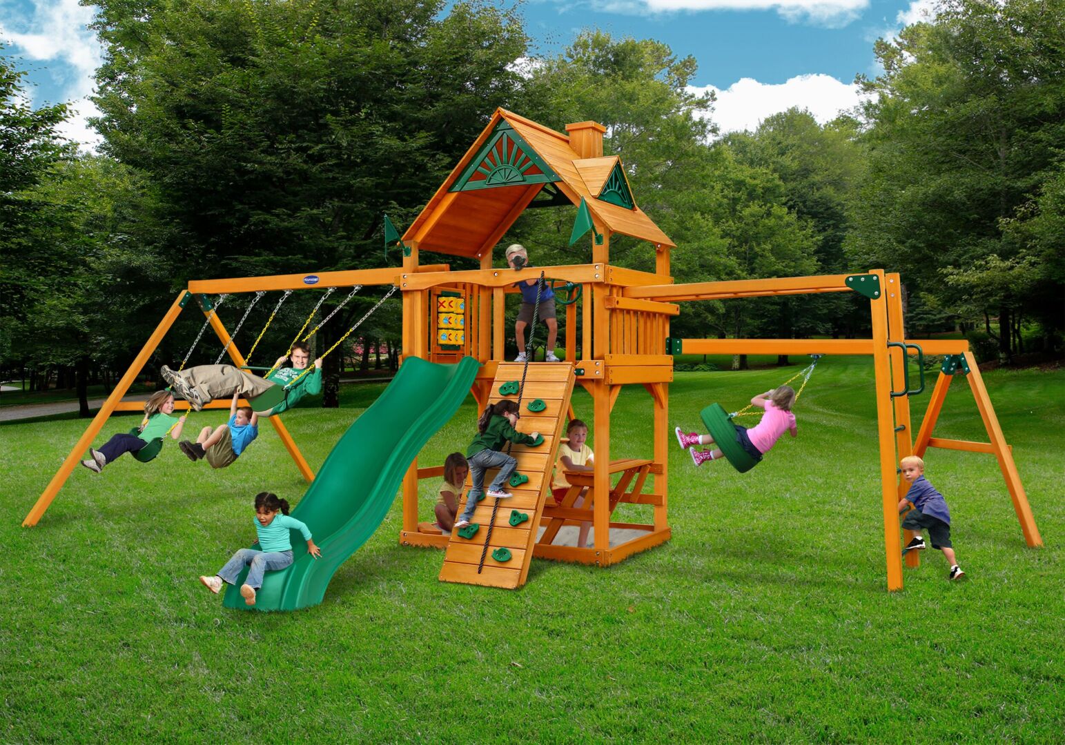 wooden swing set with tire swing