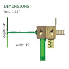 A diagram showing the dimensions of a Chateau Swing Set playhouse.