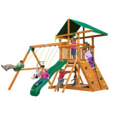 A wooden OUTING SWING SET with a slide and swings.