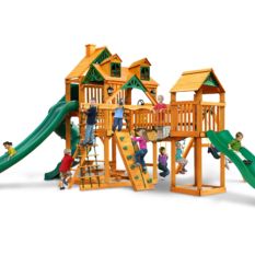The Reserve II Swing Set is a wooden play set with a slide and swings.