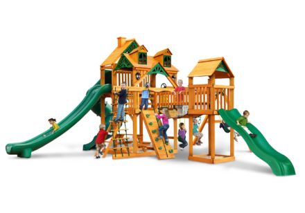 The Reserve II Swing Set is a wooden play set with a slide and swings.