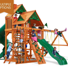 Swing set with monkey bars and rock climbing