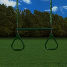 A green swing set with a Trapeze Bar hanging from it.