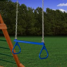 A wooden swing set with a Trapeze Bar on it.
