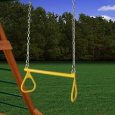 A wooden swing set with a Trapeze Bar.