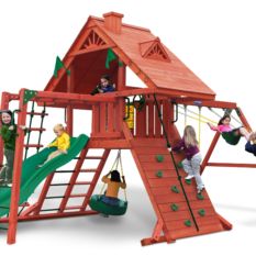 A children's Sun Palace Swing Set with a slide and swings.