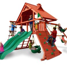 A children's SUN PALACE SWING SET with a slide and swings.