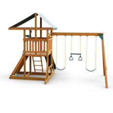 A wooden play set with outing swing set and outings.