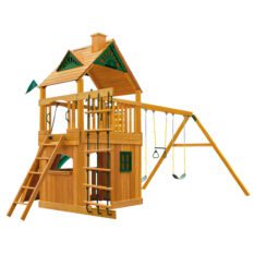 A wooden play set with swings and swings.
