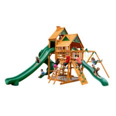A Great Skye I swing set with a slide and swings.