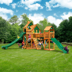 The Reserve Treehouse Swing Set with a slide and swings.