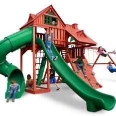 Dane’s Den Deluxe Swing Set is a green play set with a slide and swings.