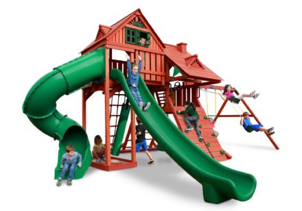 Dane’s Den Deluxe Swing Set is a green play set with a slide and swings.