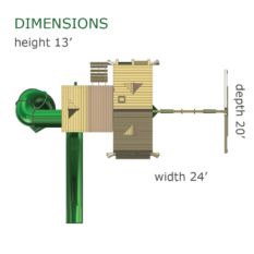 A diagram showing the dimensions of Dane's Den Deluxe Swing Set.