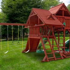 Dane’s Den Deluxe Swing Set is a wooden play set with a slide and swings.