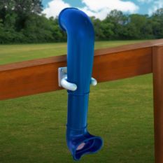 A blue Periscope attached to a wooden fence.
