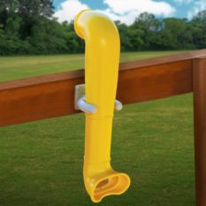 A yellow periscope attached to a wooden fence.