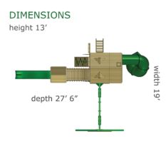 A diagram showing the dimensions of a TREASURE TROVE II SWING SET.
