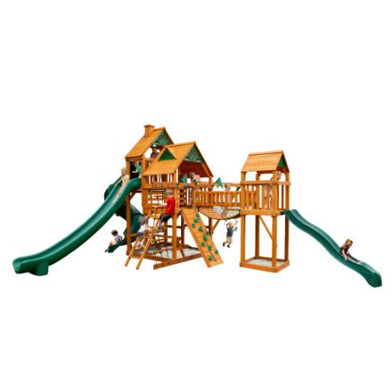 Large playground with two slides, monkey bars, and rock climbing