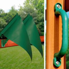 Two pictures of a playground with a green handle and a green flag.