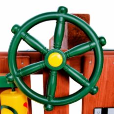 A wooden boat with a Toy Ship's Wheel.