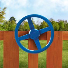 A blue Steering Wheel on a wooden fence.