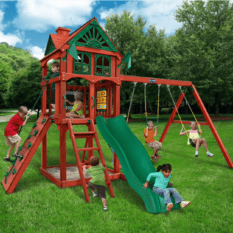 A red FIVE STAR II SWING SET with children playing on it.