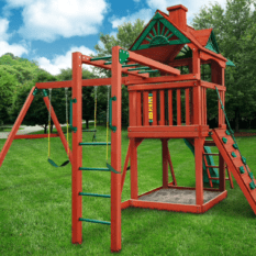 A red and green FIVE STAR II SWING SET in a grassy area.