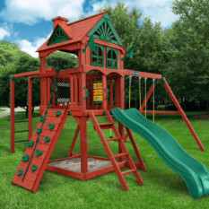 A red and green FIVE STAR II SWING SET with a slide.