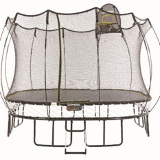 A SpringFree Large Square Smart Trampoline with a net attached to it.