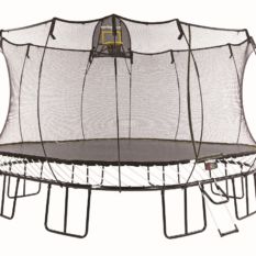 A SpringFree Jumbo Square Smart Trampoline with a net attached to it.