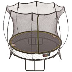 A SpringFree Compact Round Smart Trampoline with a net attached to it.