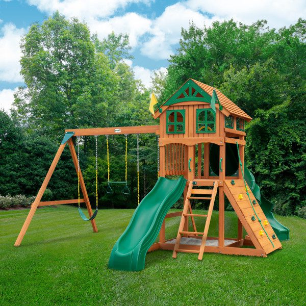 Wooden swing set with slides and ladder