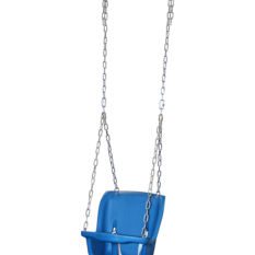 A blue plastic BABY SWING with a chain on a white background.