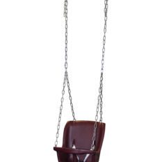 A BABY SWING with a seat and chain on a white background.