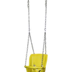 A yellow BABY SWING with a chain attached to it.