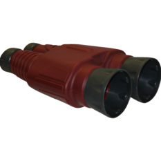 Two red plastic BINOCULARS on a white background.