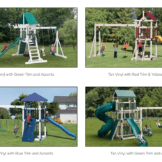 A variety of different types of VinylNation E-30 Swing Set playground equipment.