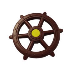 An image of a brown ship's wheel on a white background.