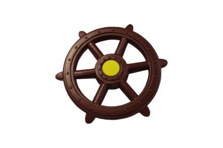 An image of a brown ship's wheel on a white background.