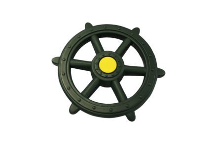 A plastic SHIP’S WHEEL on a white background.