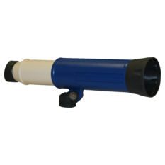 A blue and white TELESCOPE on a white background.