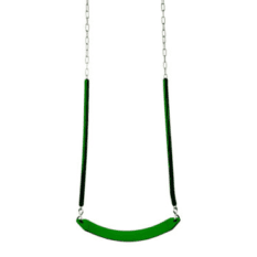 A green BELT SWING with a metal chain attached to it.